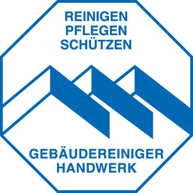 Logo der Gebäudereiniger mit Schriftzug „Reinigen Pflegen Schützen“.